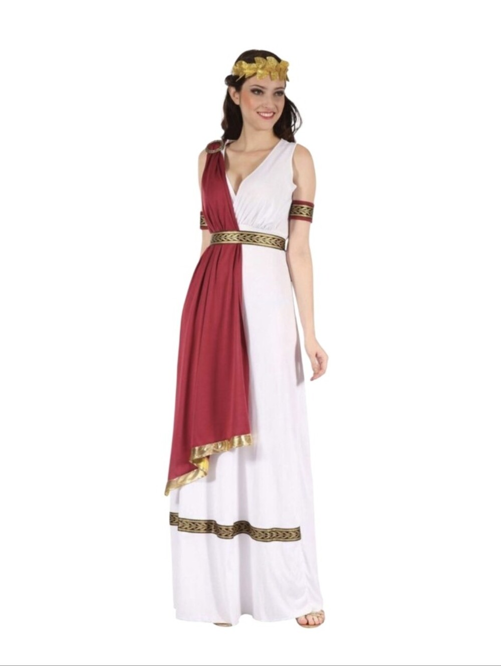 Women's White and Burgundy Grecian Maxi Dress with Gold Trim